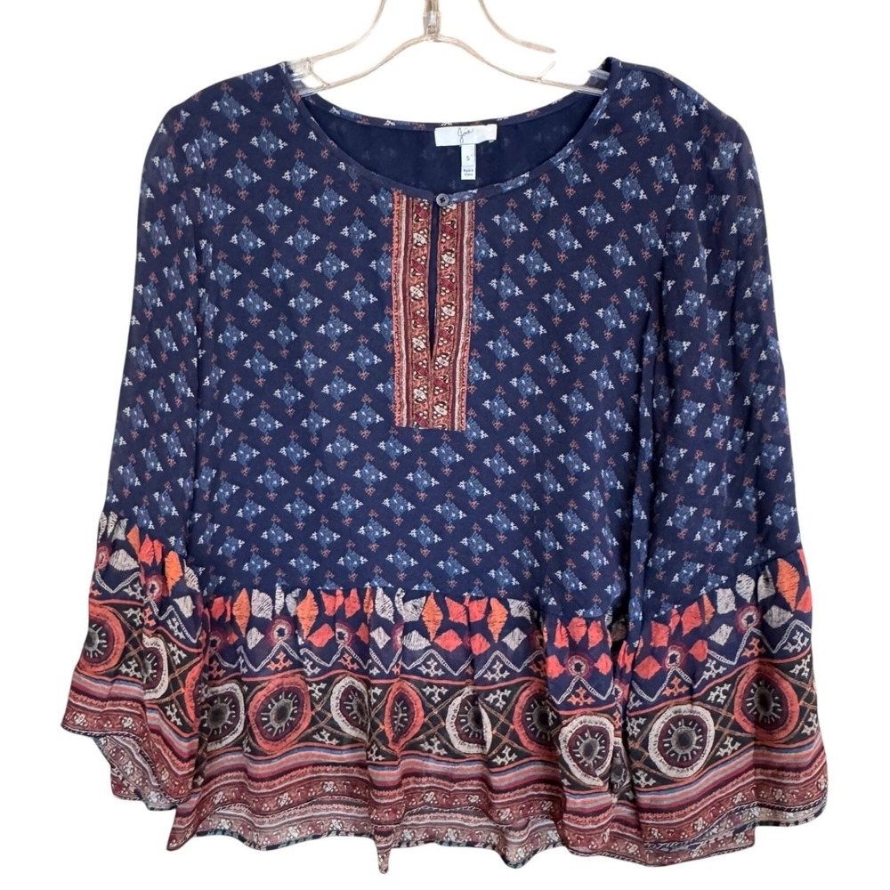 Joie Hakima Silk Bell Sleeve Peplum Blouse Small Navy Boho Whimsigoth EUC